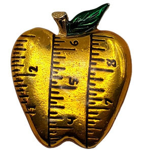 Golden Apple Enamel Brooch Ruler Teacher Pin‎ Danecraft Vintage Fruit